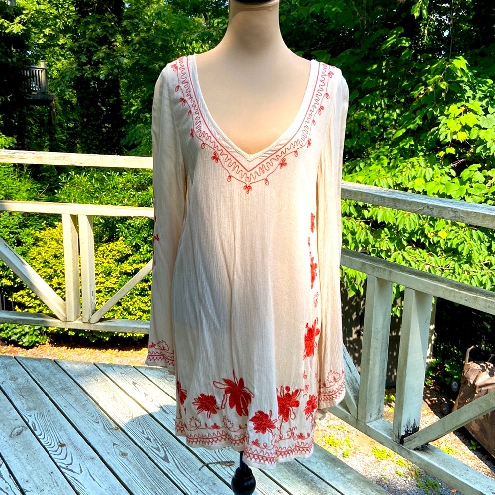 Free People Skyfall Beige & Rust Orange Embroidered Dress Size S